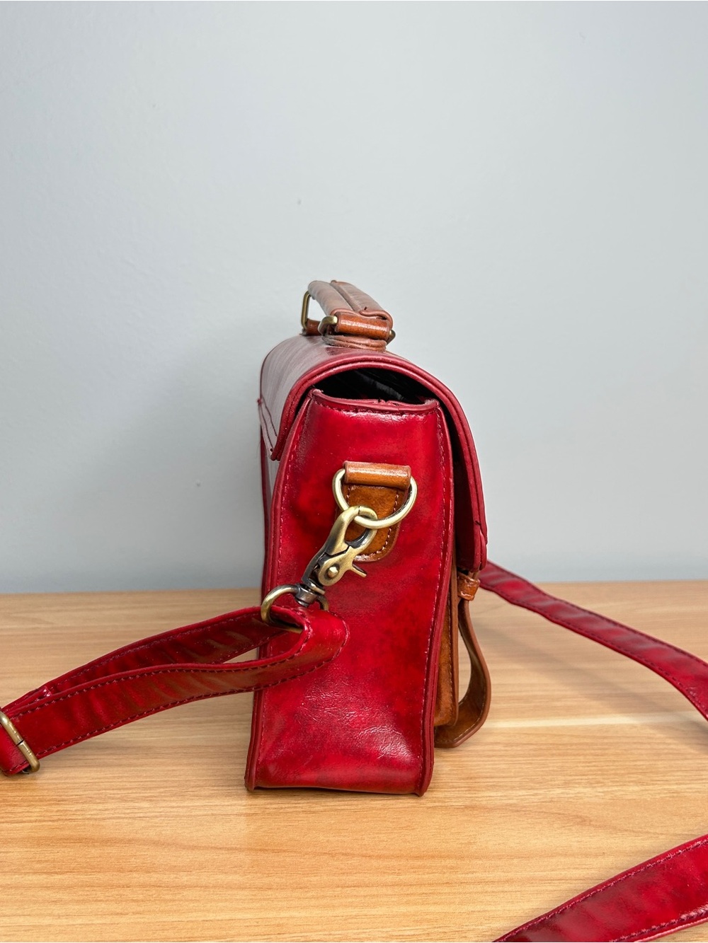 Red and Brown Purse Ecosusi Bag Faux Leather Rectangle Satchel with Buckles - Picture 13 of 16